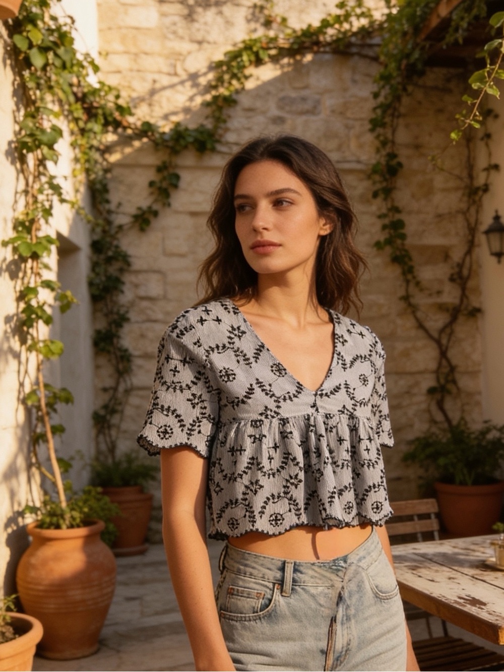 Embroidered Navy Blue Scalloped Pin Stripped Floral Blouse Top  | S
